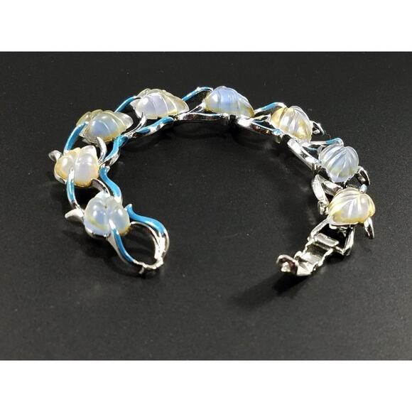 Vintage STAR Blue Lucite Leaves Bracelet 1960s Rhodium Plate Small - Picture 7 of 9